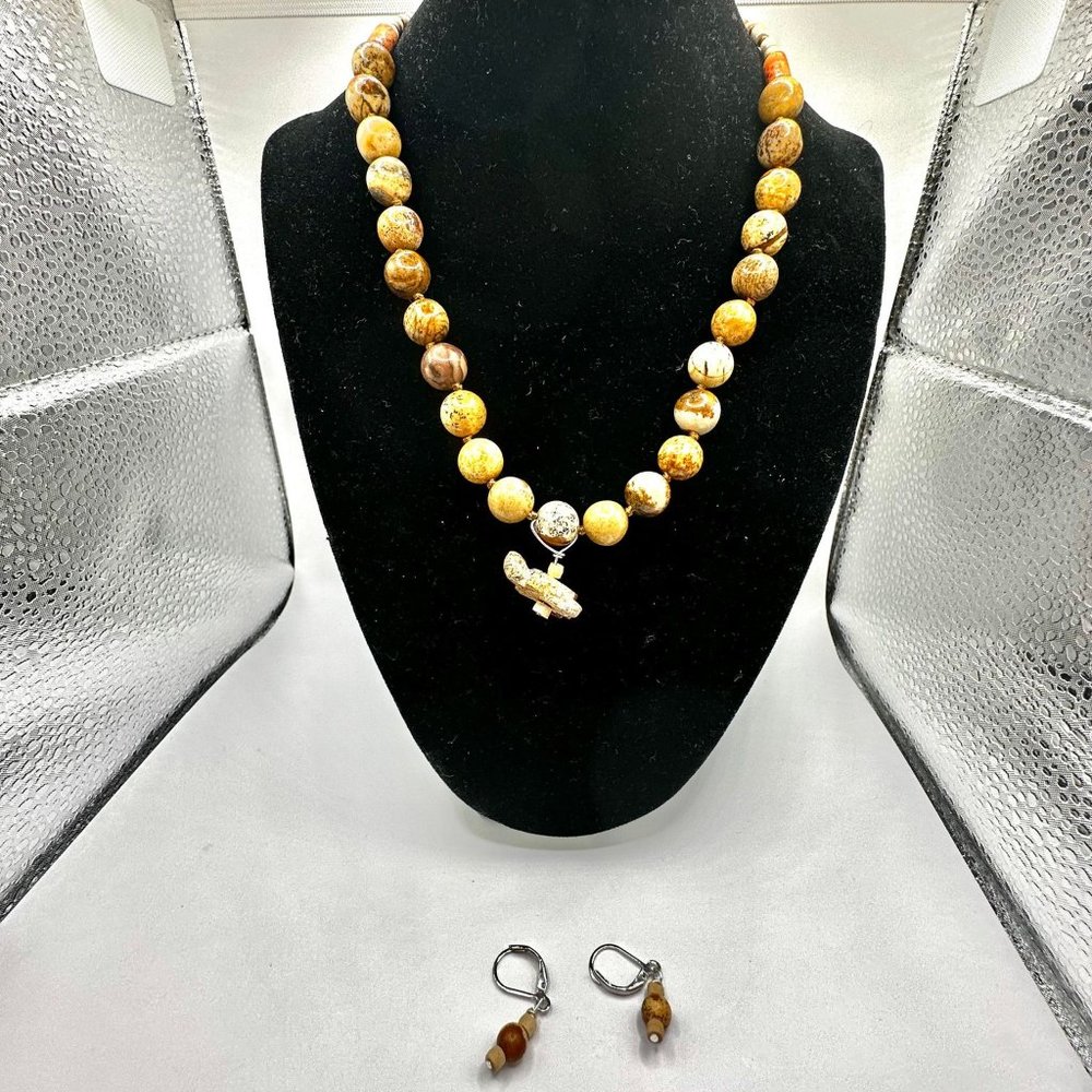 16" Stone Beaded Picture Jasper Necklace and Matching Earrings